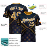 Custom Navy Old Gold-White 3D Pattern Design Geometric Shape Sportswear Performance T-Shirt