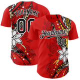 Custom Red Black-White 3D Hawaii Flower Authentic Baseball Jersey