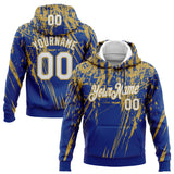 Custom Stitched Royal White-Old Gold 3D Pattern Design Splash Grunge Art Sports Pullover Sweatshirt Hoodie