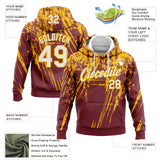 Custom Stitched Burgundy White-Gold 3D Pattern Design Splash Grunge Art Sports Pullover Sweatshirt Hoodie