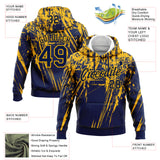 Custom Stitched Navy Gold 3D Pattern Design Splash Grunge Art Sports Pullover Sweatshirt Hoodie