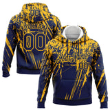 Custom Stitched Navy Gold 3D Pattern Design Splash Grunge Art Sports Pullover Sweatshirt Hoodie
