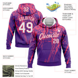 Custom Stitched Purple White-Neon Pink 3D Pattern Design Splash Grunge Art Sports Pullover Sweatshirt Hoodie