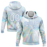 Custom Stitched White Light Blue 3D Pattern Design Abstract Trendy Holographic Vaporwave Style Sports Pullover Sweatshirt Hoodie