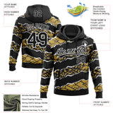Custom Stitched Black Old Gold-White 3D Pattern Design Torn Paper Style Sports Pullover Sweatshirt Hoodie