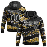 Custom Stitched Black Old Gold-White 3D Pattern Design Torn Paper Style Sports Pullover Sweatshirt Hoodie
