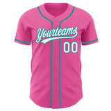 Custom Pink White-Teal Authentic Baseball Jersey