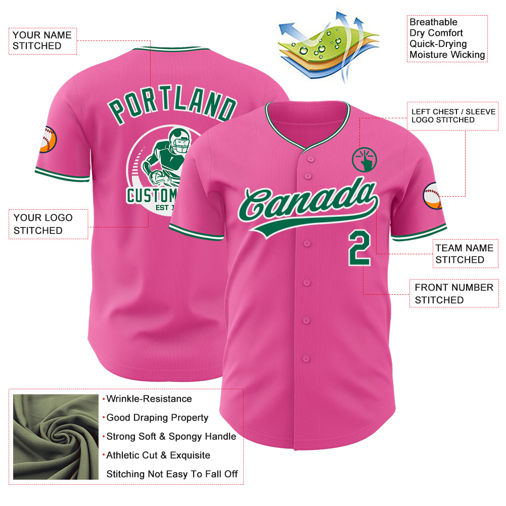 Custom Pink Kelly Green-White Authentic Baseball Jersey