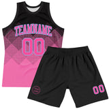 Custom Black Pink-Light Blue Gradient Square Shapes Round Neck Sublimation Basketball Suit Jersey