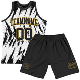 Custom White Black-Old Gold Abstract Sharp Shape Fragment Art Round Neck Sublimation Basketball Suit Jersey