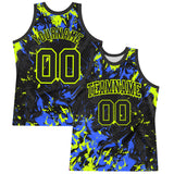 Custom Black Neon Green-Royal Splash Round Neck Sublimation Basketball Suit Jersey
