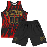Custom Black Red-Old Gold Splash Round Neck Sublimation Basketball Suit Jersey