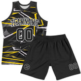 Custom Black Gold-White Line Round Neck Sublimation Basketball Suit Jersey