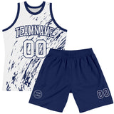 Custom White Navy Splash Round Neck Sublimation Basketball Suit Jersey