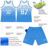 Custom White Powder Blue Gradient Square Shapes Round Neck Sublimation Basketball Suit Jersey