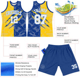 Custom Graffiti Pattern White Royal Yellow-Light Blue Scratch Round Neck Sublimation Basketball Suit Jersey