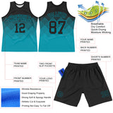 Custom Black Teal Gradient Square Shapes Round Neck Sublimation Basketball Suit Jersey