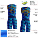 Custom Thunder Blue Navy Lakes Blue-Gold Geometric Stripe Round Neck Sublimation Basketball Suit Jersey