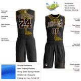 Custom Black Brown White-Yellow Stream Wave Stripe Round Neck Sublimation Basketball Suit Jersey