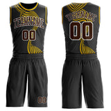 Custom Black Brown White-Yellow Stream Wave Stripe Round Neck Sublimation Basketball Suit Jersey