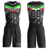 Custom Black Neon Green Red-White Geometric Chevron Stripe Paint Splatter Round Neck Sublimation Basketball Suit Jersey