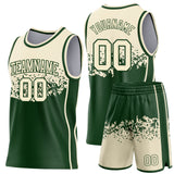 Custom Cream-Green Shattered Geometric Side Panel Stripe Round Neck Sublimation Basketball Set Jersey
