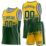 Custom Gold Green-White Shattered Geometric Side Panel Stripe Round Neck Sublimation Basketball Set Jersey