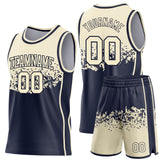 Custom Cream-Navy Shattered Geometric Side Panel Stripe Round Neck Sublimation Basketball Set Jersey