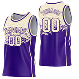 Custom Cream-Purple Shattered Geometric Side Panel Stripe Round Neck Sublimation Basketball Set Jersey