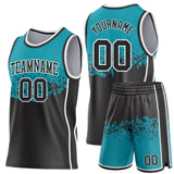 Custom Teal Black-White Shattered Geometric Side Panel Stripe Round Neck Sublimation Basketball Set Jersey