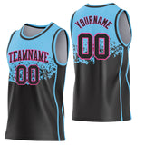 Custom Sky Blue Black-Pink Shattered Geometric Side Panel Stripe Round Neck Sublimation Basketball Set Jersey