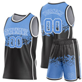 Custom Light Blue Black-White Shattered Geometric Side Panel Stripe Round Neck Sublimation Basketball Set Jersey