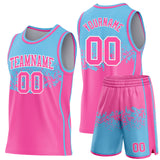 Custom Sky Blue Pink-White Shattered Geometric Side Panel Stripe Round Neck Sublimation Basketball Set Jersey