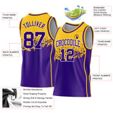 Custom Gold Purple-White Shattered Geometric Side Panel Stripe Round Neck Sublimation Basketball Set Jersey