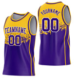 Custom Gold Purple-White Shattered Geometric Side Panel Stripe Round Neck Sublimation Basketball Set Jersey