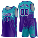 Custom Teal Purple-White Shattered Geometric Side Panel Stripe Round Neck Sublimation Basketball Set Jersey