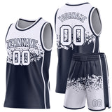 Custom White-Navy Shattered Geometric Side Panel Stripe Round Neck Sublimation Basketball Set Jersey