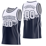 Custom White-Navy Shattered Geometric Side Panel Stripe Round Neck Sublimation Basketball Set Jersey