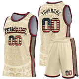 Custom Cream Vintage USA Flag Black-Maroon Tribal Ethnic Aztec Sun Stone Side Panel Stripe Round Neck Sublimation Basketball Set Jersey