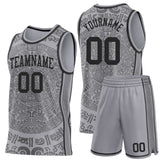 Custom Gray-Black Tribal Ethnic Aztec Sun Stone Side Panel Stripe Round Neck Sublimation Basketball Set Jersey
