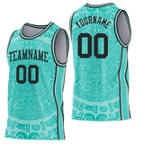 Custom Ice Blue-Black Tribal Ethnic Aztec Sun Stone Side Panel Stripe Round Neck Sublimation Basketball Set Jersey