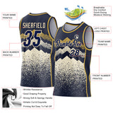 Custom Navy Cream-Old Gold Mountain Peak Shards Side Panel Stripe Round Neck Sublimation Basketball Set Jersey
