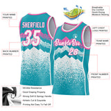 Custom Teal White-Pink Mountain Peak Shards Side Panel Stripe Round Neck Sublimation Basketball Set Jersey