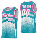 Custom Teal White-Pink Mountain Peak Shards Side Panel Stripe Round Neck Sublimation Basketball Set Jersey