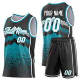 Custom Black White-Teal Mountain Peak Shards Side Panel Stripe Round Neck Sublimation Basketball Set Jersey