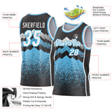 Custom Black White-Sky Blue Mountain Peak Shards Side Panel Stripe Round Neck Sublimation Basketball Set Jersey