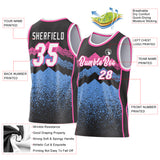 Custom Black White Light Blue-Pink Mountain Peak Shards Side Panel Stripe Round Neck Sublimation Basketball Set Jersey