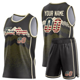 Custom Black Vintage USA Flag Olive-Cream Mountain Peak Shards Side Panel Stripe Round Neck Sublimation Basketball Set Jersey