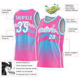 Custom Pink White-Sky Blue Mountain Peak Shards Side Panel Stripe Round Neck Sublimation Basketball Set Jersey