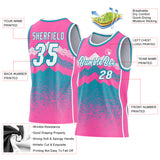 Custom Pink White-Teal Mountain Peak Shards Side Panel Stripe Round Neck Sublimation Basketball Set Jersey